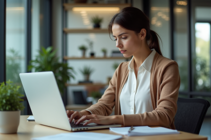 Jeune femme professionnelle concentrée sur son ordinateur