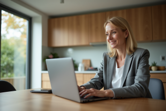 Femme d'âge moyen travaillant sur un laptop dans une cuisine moderne