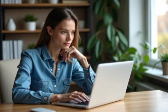 Femme au bureau regardant son ordinateur portable