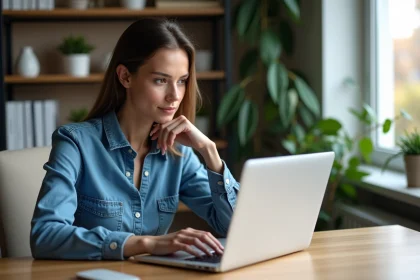 Femme au bureau regardant son ordinateur portable