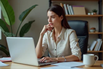 Femme réfléchissant dans un bureau à domicile avec tableau de bord numérique