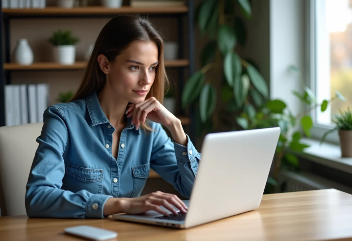 Femme au bureau regardant son ordinateur portable