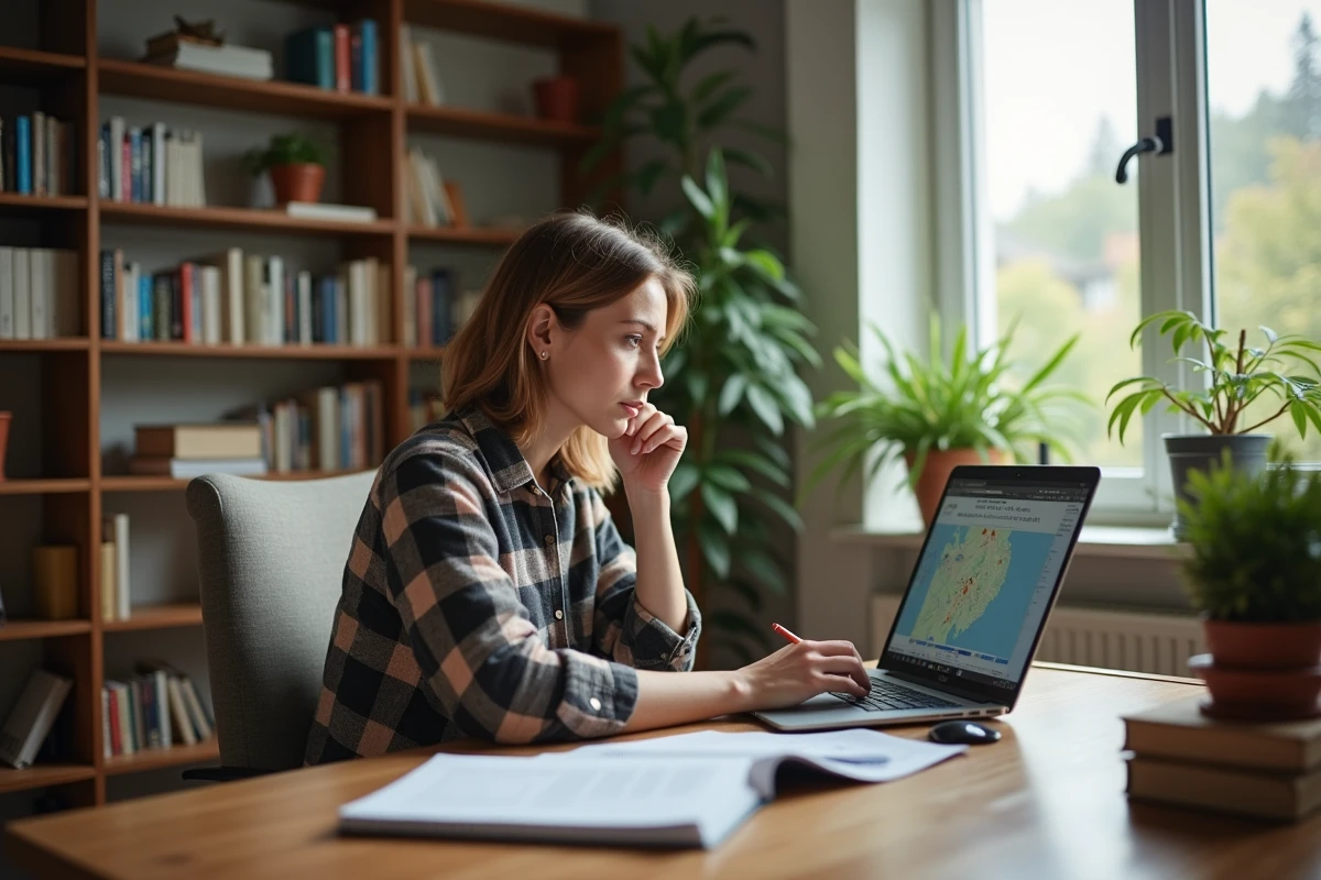 Femme concentr&eacute;e travaillant sur un ordinateur avec fichier GPX