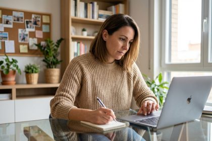 Femme concentr&eacute;e travaillant dans un bureau moderne