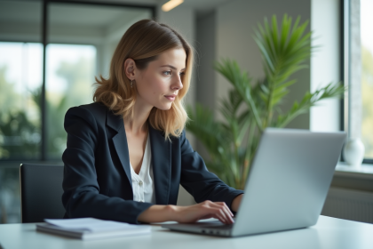 Femme en bureau moderne regardant son ordinateur portable
