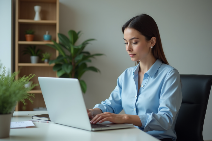 Femme au bureau organise utilisant un ordinateur portable