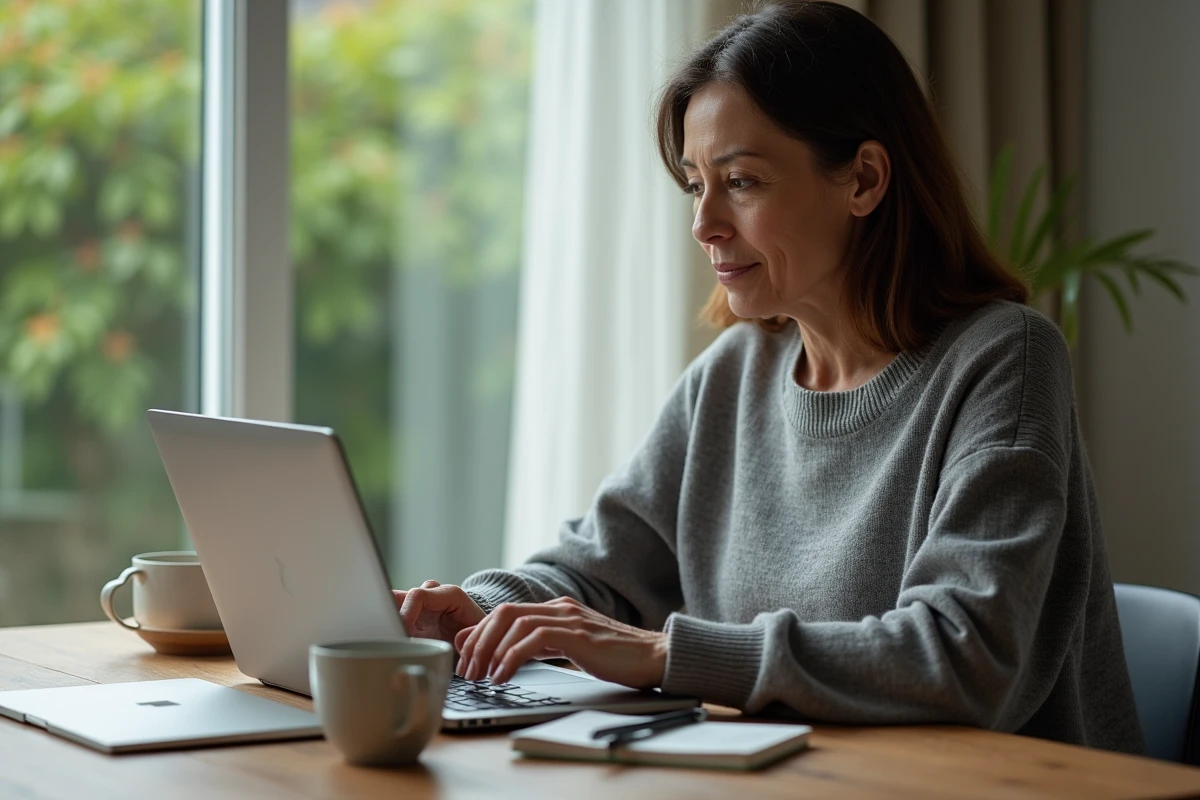 Femme lisant les étapes de configuration Cyberflux sur son laptop