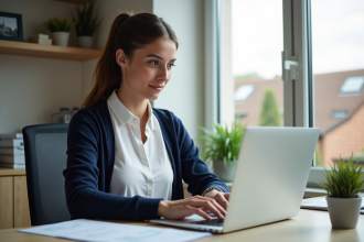Jeune femme professionnelle travaillant sur un ordinateur portable dans un bureau lumineux