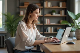 Femme travaillant sur un ordinateur dans un bureau moderne