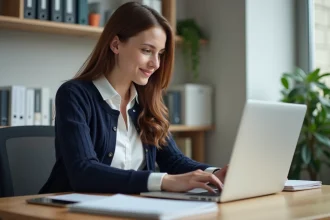 Jeune femme au bureau entrant son mot de passe sur son ordinateur