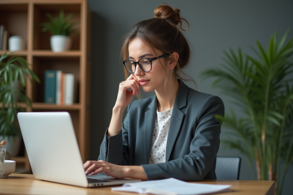 Jeune femme en blazer regardant son ordinateur dans un bureau moderne