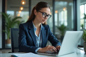 Femme professionnelle en bureau ajustant un scanner numérique