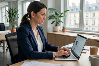 Femme professionnelle accédant à sa messagerie webmail sur un ordinateur portable dans un bureau moderne