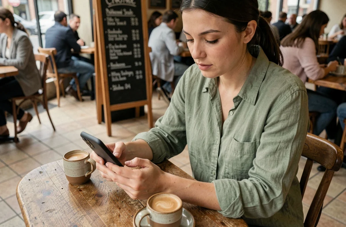 Femme dans un café comparant des offres forfaits 5G sur son smartphone Pixel en 2026
