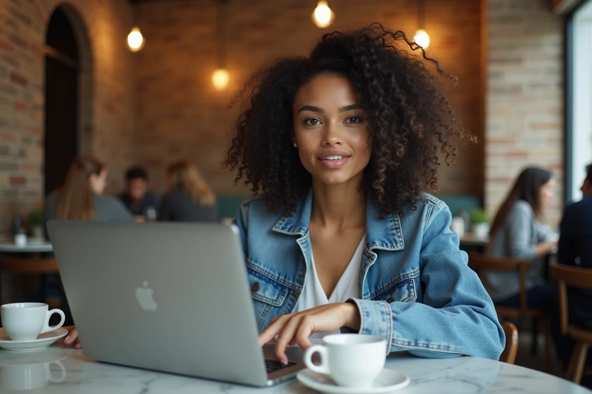 Femme dans un café sur son MacBook prête à lancer un easter egg Google avec un raccourci clavier