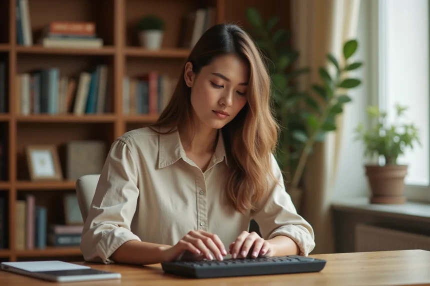 Femme utilisant un clavier avec touches accentuées espagnoles dans un bureau à domicile