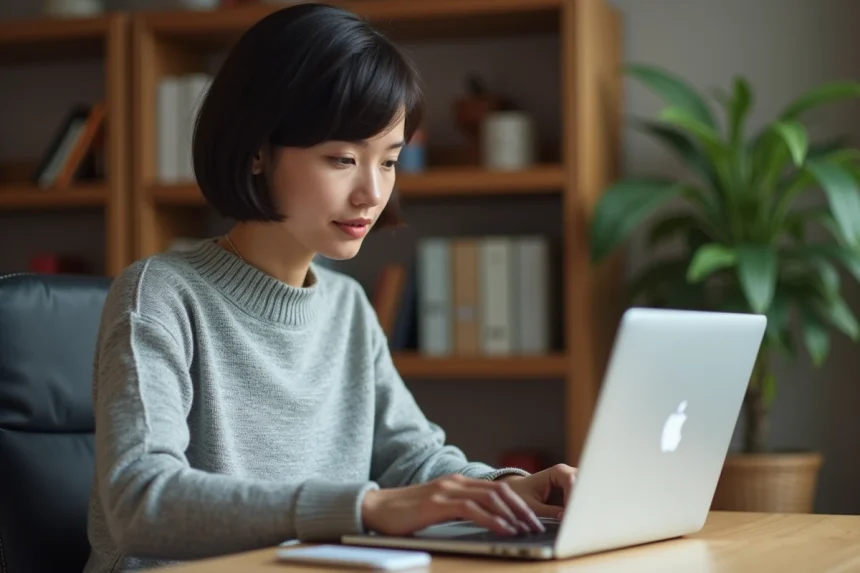 Femme tapant un caractère spécial sur un clavier d'ordinateur portable dans un bureau à domicile
