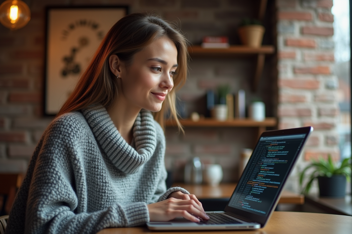 Jeune femme tapant du code dans un café cosy