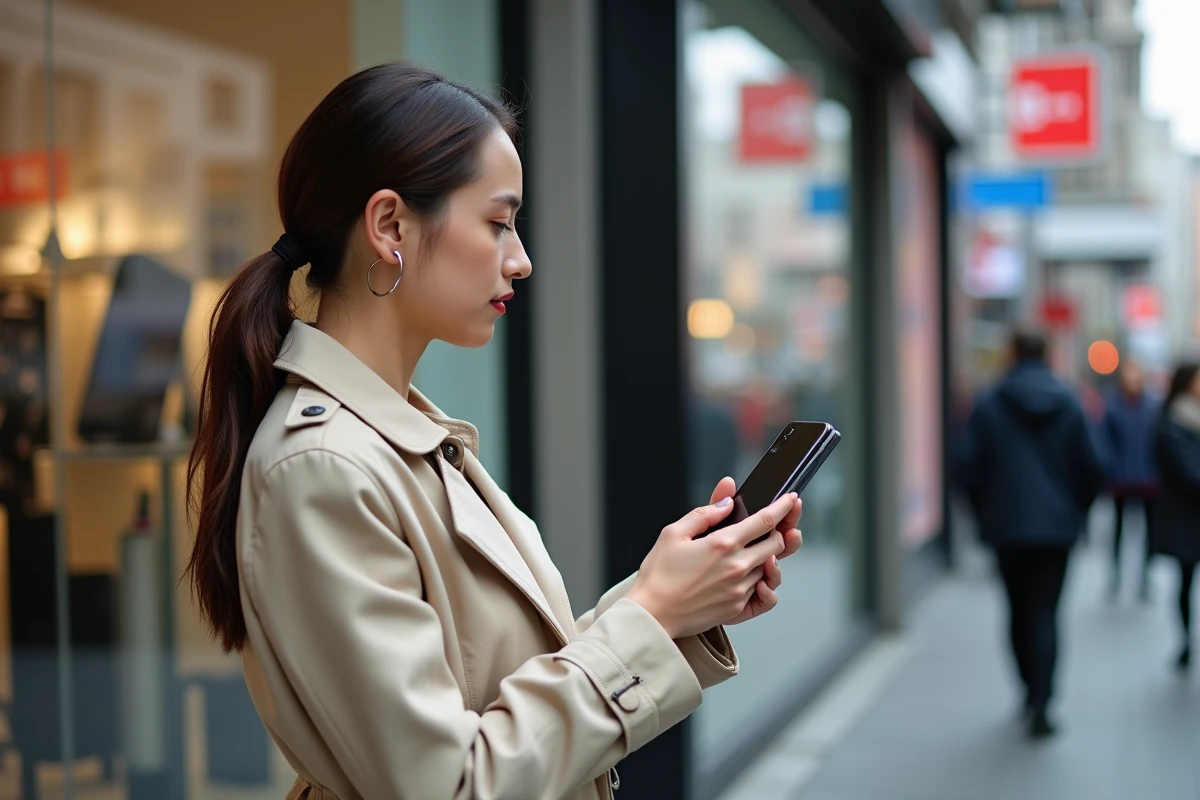 Femme comparant deux smartphones devant une boutique de téléphonie, choix entre modèles iPhone