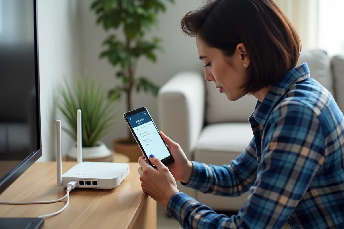 Femme configurant un routeur Wi-Fi domestique en accédant à l'interface administrateur depuis son smartphone
