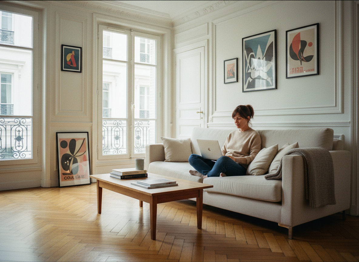 Femme détendue sur canapé dans un salon parisien lumineux