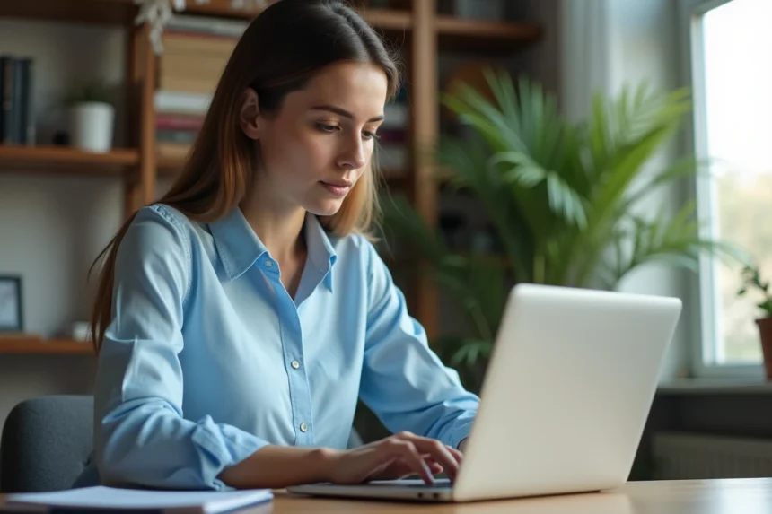 Femme consultant l'adresse de connexion webmail académique sur son ordinateur portable dans un bureau à domicile