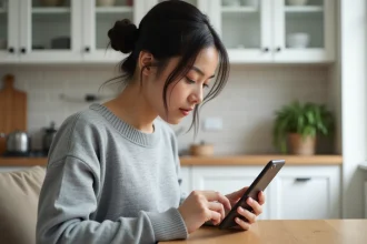 Femme consultant ses mails sur smartphone avec l'interface Webmelanie2 dans une cuisine moderne
