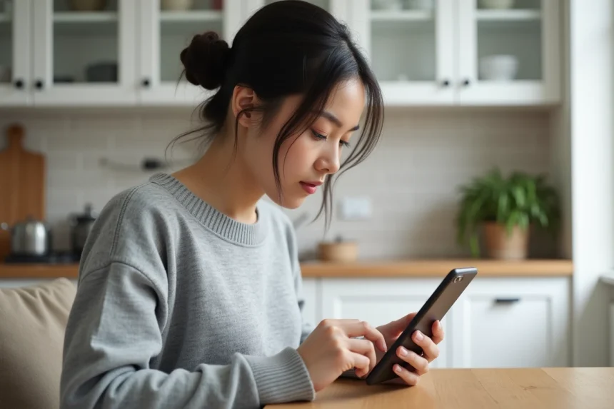 Femme consultant ses mails sur smartphone avec l'interface Webmelanie2 dans une cuisine moderne
