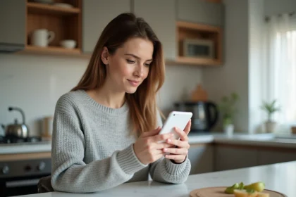 Femme consultant son webmail Nantes sur un smartphone Android dans une cuisine moderne