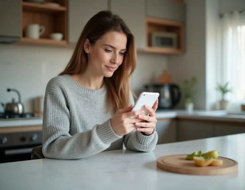 Femme consultant son webmail Nantes sur un smartphone Android dans une cuisine moderne