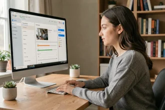 Jeune femme utilisant un convertisseur vidéo en ligne sur son ordinateur de bureau à domicile