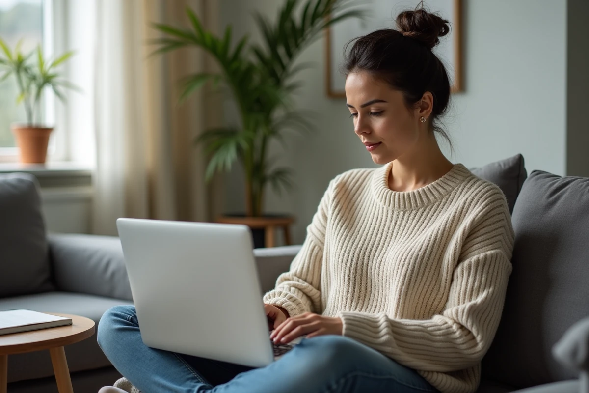 Femme consultant une page de dépannage Discord sur son ordinateur portable depuis son canapé
