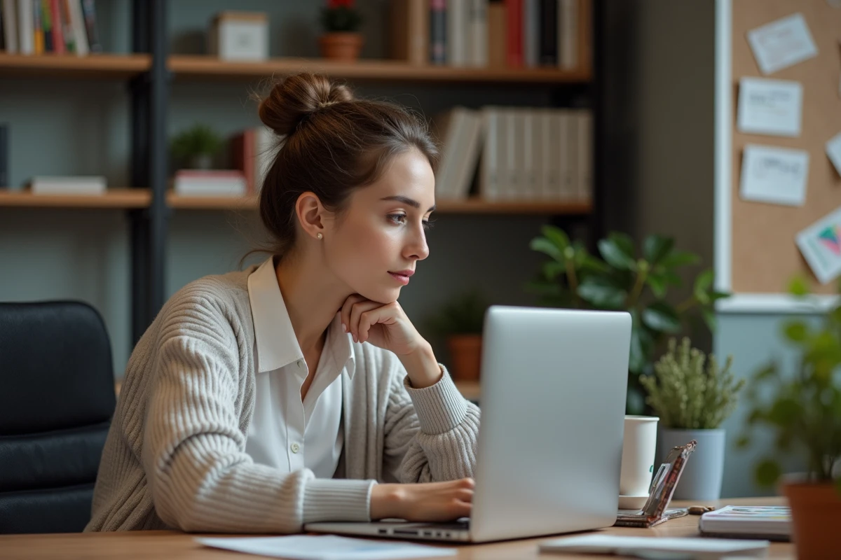 Jeune femme créant un flyer dans un bureau à domicile