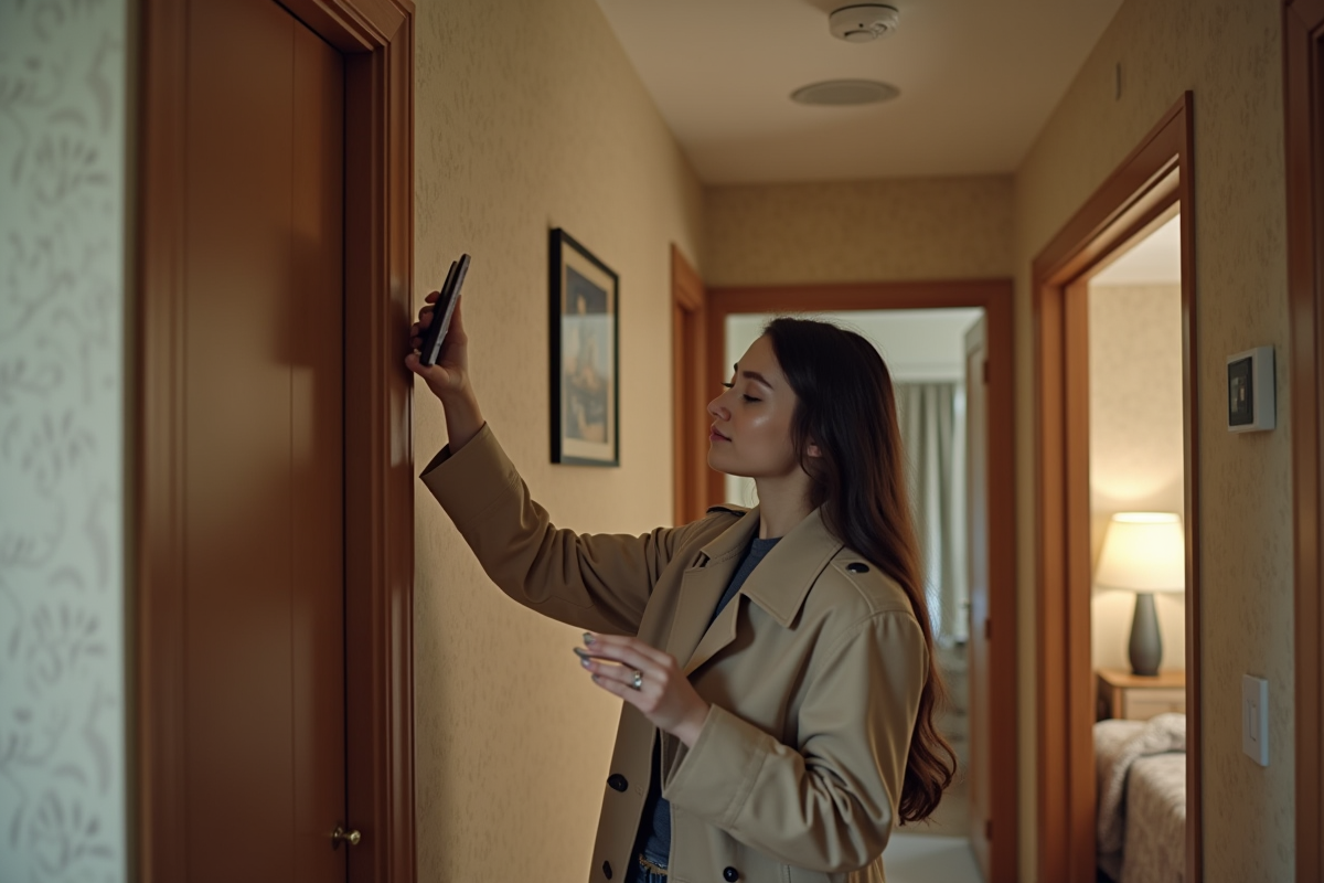 Jeune femme inspecte un détecteur de fumée dans son appartement