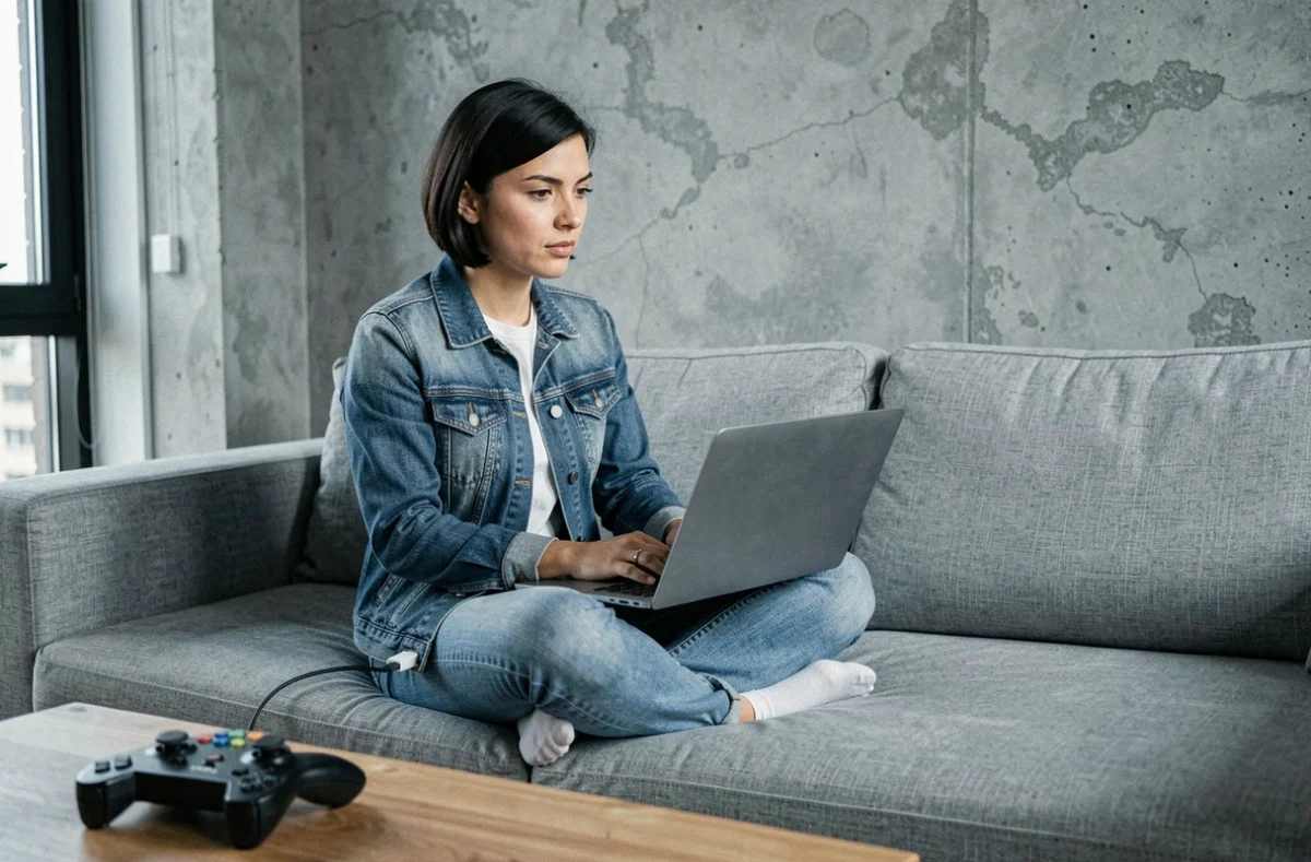 Femme utilisant un émulateur Nintendo 64 portable sur ordinateur avec une clé USB, assise dans un salon moderne aux tons gris et bois