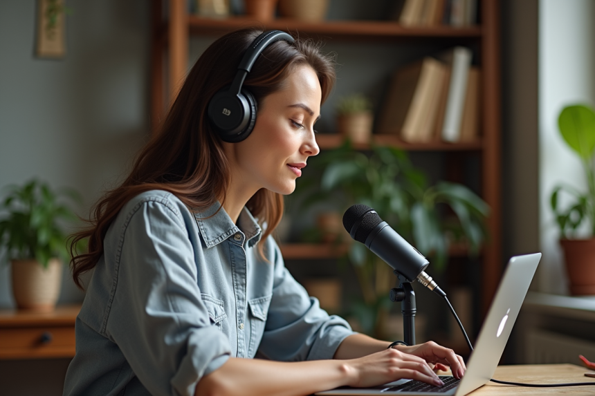 Femme en home office enregistrant un podcast avec micro et casque