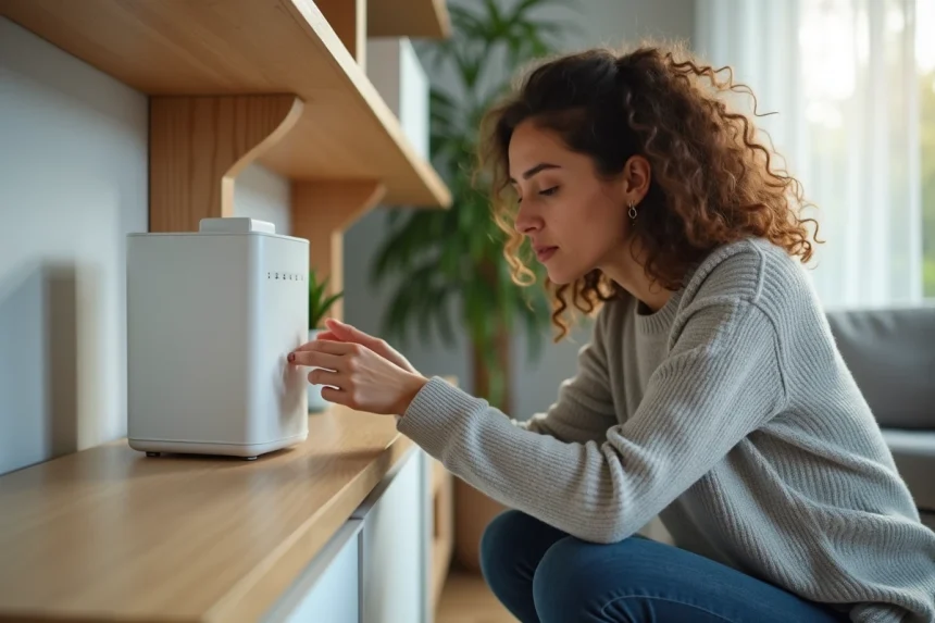 Femme examinant l'étiquette au dos de sa box internet pour trouver la clé de sécurité réseau