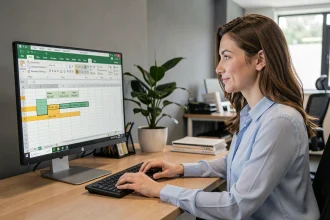 Femme utilisant des formules de soustraction avec références absolues dans Excel sur un ordinateur de bureau en open space