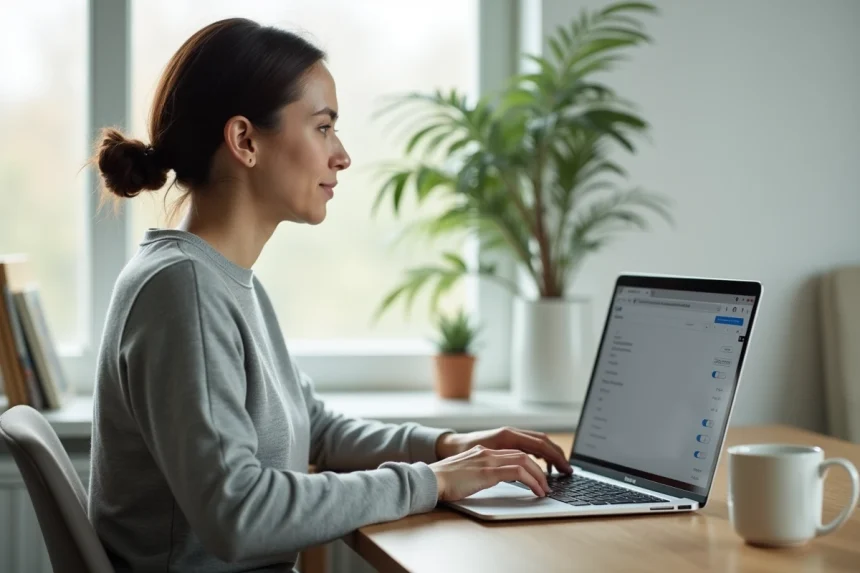 Femme utilisant un MacBook Pro pour accéder aux paramètres système macOS afin de vider le cache après une mise à jour
