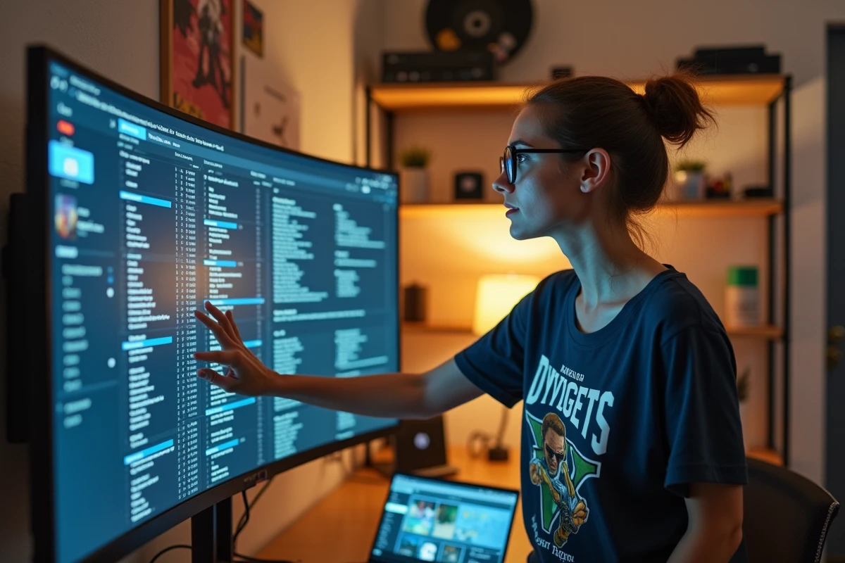 Femme regardant une liste de mods GTA V sur un grand écran