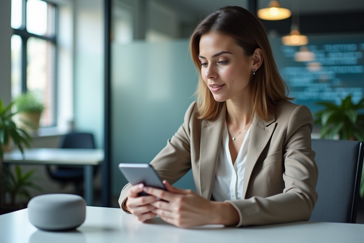 Femme en bureau moderne utilisant un smartphone intelligent