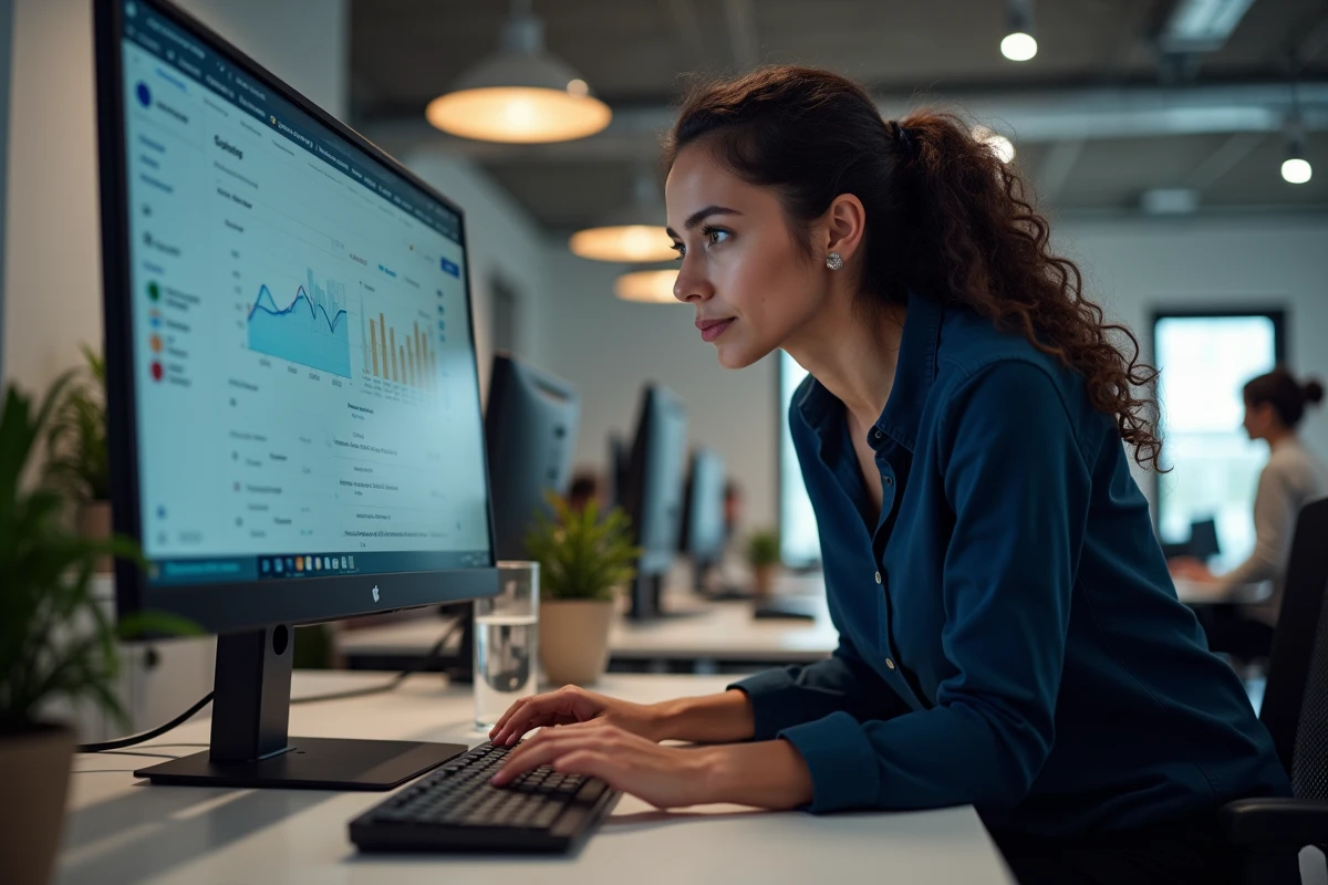 Femme dans un open space lisant les notifications de mise à jour logicielle sur un grand écran de bureau