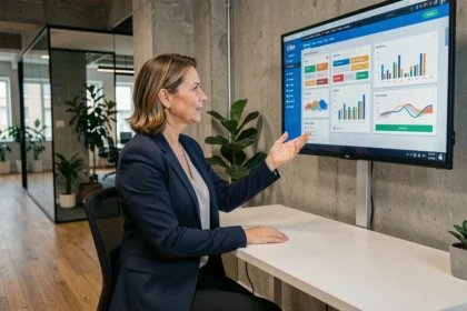 Femme professionnelle présentant une application web sur écran tactile dans un bureau moderne, illustrant la transformation numérique en entreprise