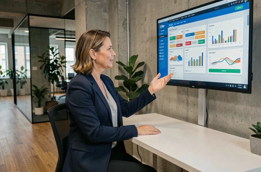 Femme professionnelle présentant une application web sur écran tactile dans un bureau moderne, illustrant la transformation numérique en entreprise
