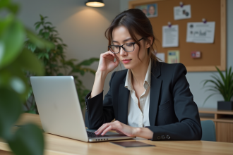 Femme professionnelle au bureau avec ordinateur et plantes