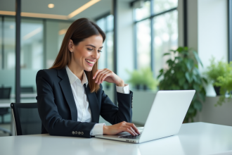 Femme d affaires souriante travaillant sur son ordinateur dans un bureau lumineux