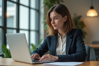 Jeune femme professionnelle avec ordinateur et chatbot