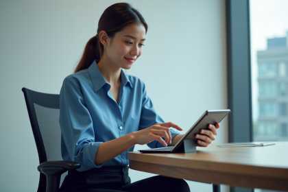 Jeune femme en blouse bleue utilisant une tablette avec graphiques financiers
