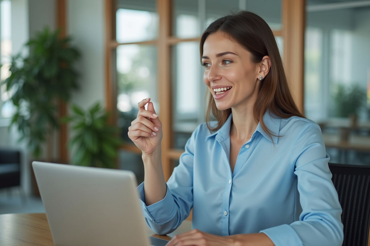 Femme professionnelle en visioconference dans un bureau moderne