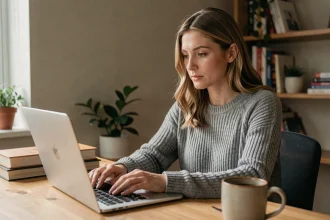 Femme cherchant un site alternatif sécurisé sur son ordinateur portable dans un bureau à domicile
